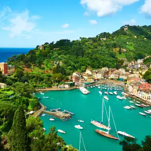 Aerial view of the Portofino Village on the Ligurian Coast of Italy