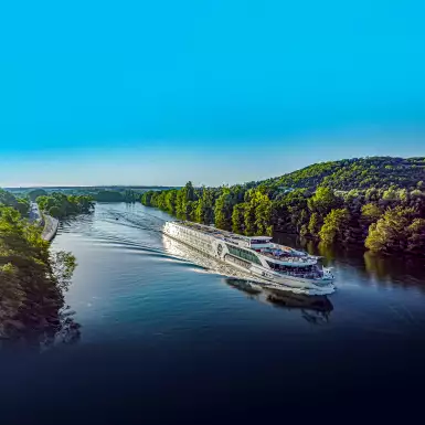 Jane Austen river cruise ship from Riviera sailing down the blue waters on the moselle river 