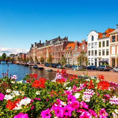 Scenic summer view of the Old Town architecture and Spaarne canal embankment in Haarlem