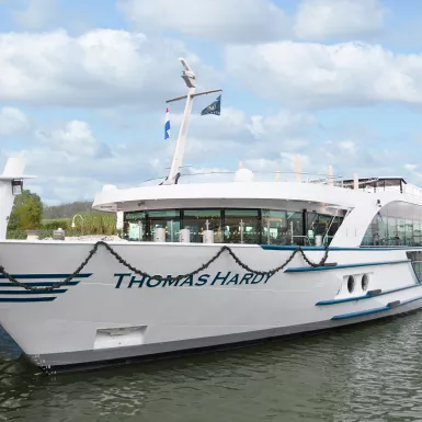 A front exterior shot of the Thomas Hardy ship