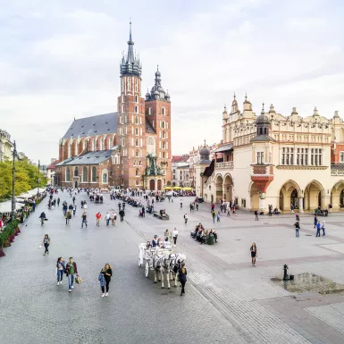 Distant view of Kraków Cloth Hall and it's exterior streets