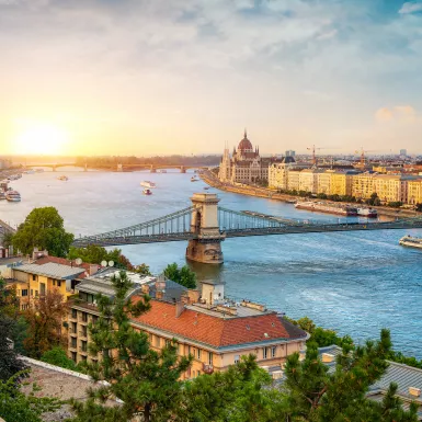 Aerial view of the Hungarian Parliament building and bridge over the Danube river in Budapest