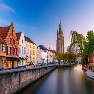 Beautiful view of Bruges old historical town during sunset in Belgium