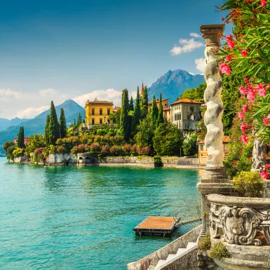 Botanical gardens of Villa Monastero with Oleander flowers at Lake Como, Italy