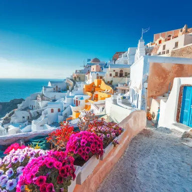 Beautiful view over Santorini white painted houses and the ocean in Greece