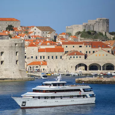 Aerial view of the MV Corona ship and Dubrovnik city in Croatia