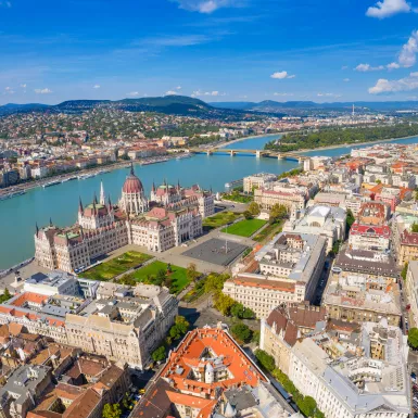 Aerial of Budapest city with view of the the Danube river in Hungary