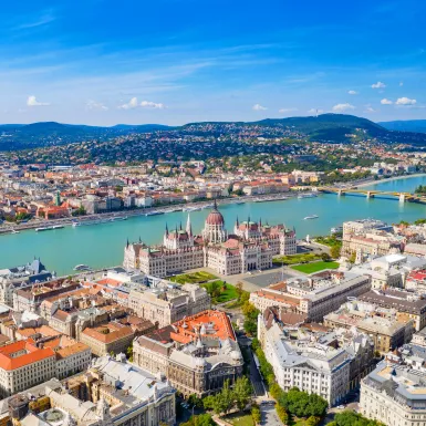 Aerial view over central Budapest with parliament building and the Danube river in Hungary