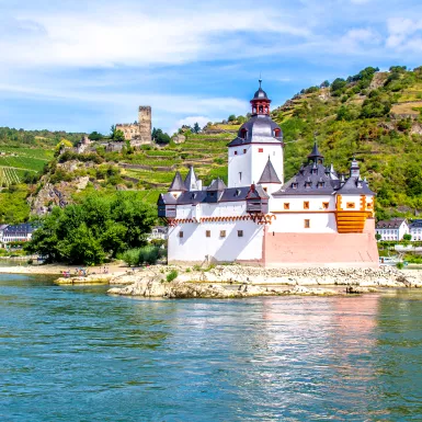 The Pfalz castle on the Falkenau island in the Rhine river, Germany.