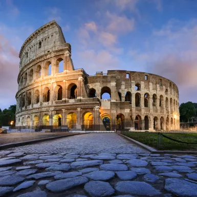 View of the Colosseum in Rome at dusk, Italy