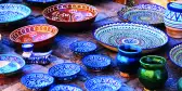 Plates and pots on a street market in the city of Bukhara, Uzbekistan