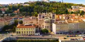 View from drone of Cathedral, Basilica and Saone, Lyon