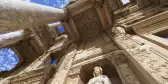 Upwards view The Library of Celus Ephesus exterior walls and pillars