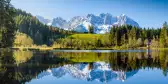 Idyllic alpine scenery with a lake and snowy mountains in Tyrol, Austria