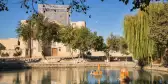 Lyabi House Hotel and Lyabi Hauz pond in Uzbekistan, Asia