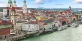 Aerial view of Passau with Danube river, embankment and cathedral, Bavaria, Germany