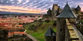 Fortress Cité de Carcassonne battlement walls overlooking the city in Aude, France