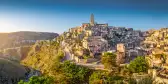 Panoramic view of the ancient town of Matera at sunrise in Basilicata, Italy