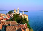 Elevated view of medieval Rab Bell Towers and town, Rab Town, Rab Island, Dalmatia, Dalmatian Coast, Croatia, Europe