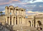 Celsus library in the Roman ruins of Ephesus during sunrise in Turkey