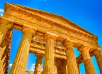 Ruins of ancient temple front pillars in Agrigento, Sicily, Italy