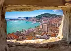 Split bay aerial view through stone window in Dalmatia, Croatia
