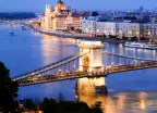 Chain Bridge and city skyline at night in Budapest, Hungary