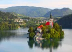 Santa Maria Church catholic church on an island in the centre of Lake Bled, Slovenia