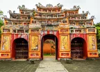 Large, colorful temple entrance to the temple Thế Miếu, Hue, Vietnam