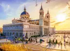 The Almudena cathedral during sunset in Madrid, Spain