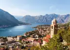 Bay view of the Montenegrin town Kotor and the belltower of Church of Our Lady of Remedy