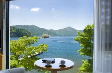 Window view from Hakone Hotel, Japan, showcasing it's lake view