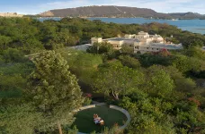 Aerial view of the Oberoi Trident Hotel and vegetation in Udaipur, India