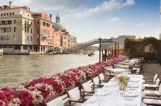 On the Grand Canal, an outside dining area for the Hotel Principe, Venice.