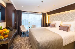 Interior shot of standard bedroom aboard the Thomas Hardy ship