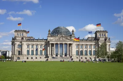 Exterior front shot of the Reichstag dome building in Germany