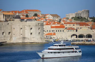 Aerial view of the MV Corona ship and Dubrovnik city in Croatia