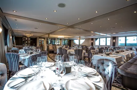 Interior of restaurant dining area aboard the Thomas Hardy ship