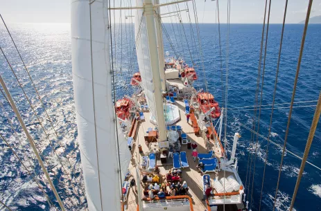 View of the Star Clipper ship deck and passengers from tall sails