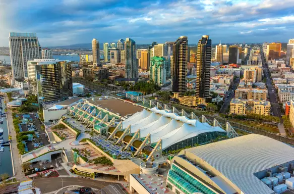 	Aerial view of the downtown area of San Diego, California with the convention center in the foreground shot from an altitude of about 700 feet