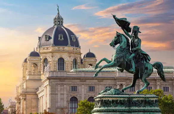 Statue of Archduke Charles on Heldenplatz square and Museum of Natural History dome, Vienna, Austria