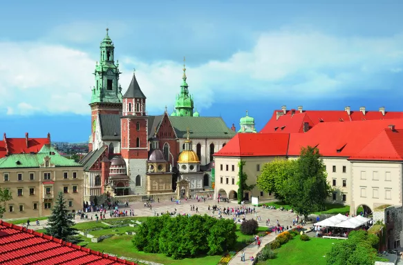 View of Wawel Cathedral and surrounding buildings in Krakow, Poland