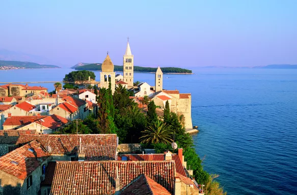 Elevated view of medieval Rab Bell Towers and town, Rab Town, Rab Island, Dalmatia, Dalmatian Coast, Croatia, Europe