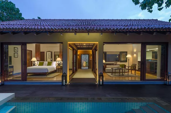 Outside evening view of bungalow at the Anantara Kalutara Resort in Sri Lanka