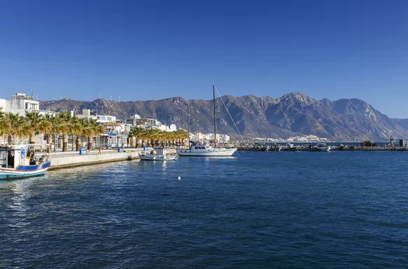 Harbour of Kardamena village and mountains of Kos island, Greece