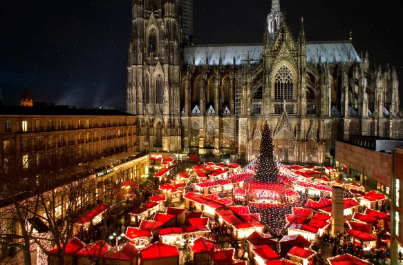 Panorama view of cologne cathedral Christmas market at night