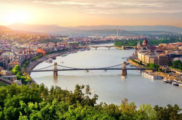 Panoramic aerial view of Budapest with the Danube river in Hungary