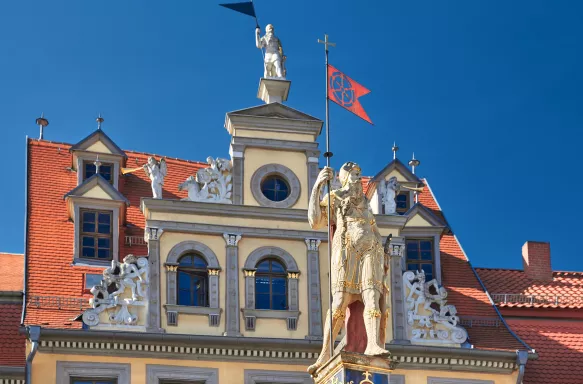 Red Ox House with golden statue in Erfurt, Germany