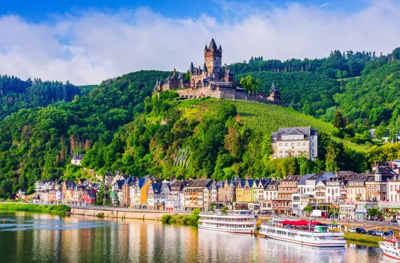 Old town and Reichsburg castle on the Moselle river in Cochem, Germany