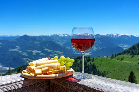 Fresh tirol cheese with wine and grapes over mountain landscape